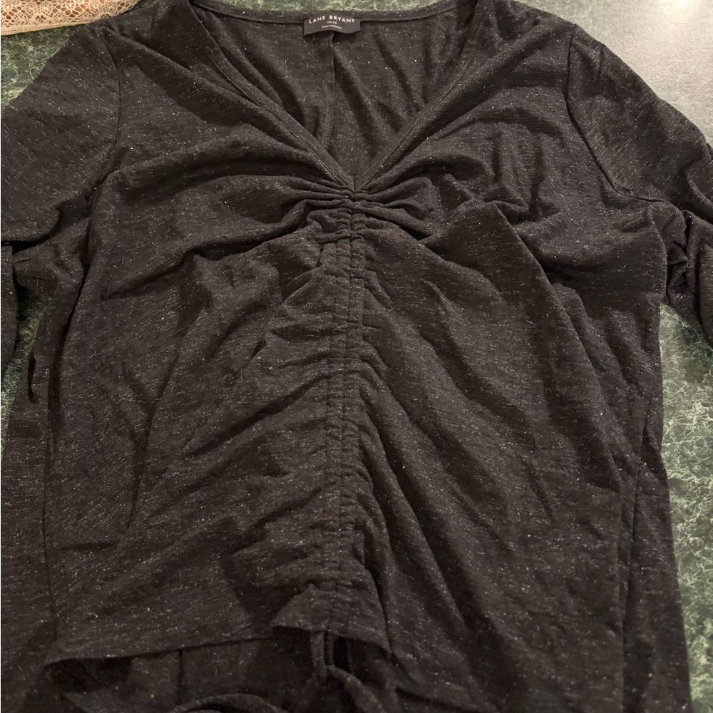 Lane Bryant Black Shimmer/Sparkle Ruched V-Neck Long Sleeve Top